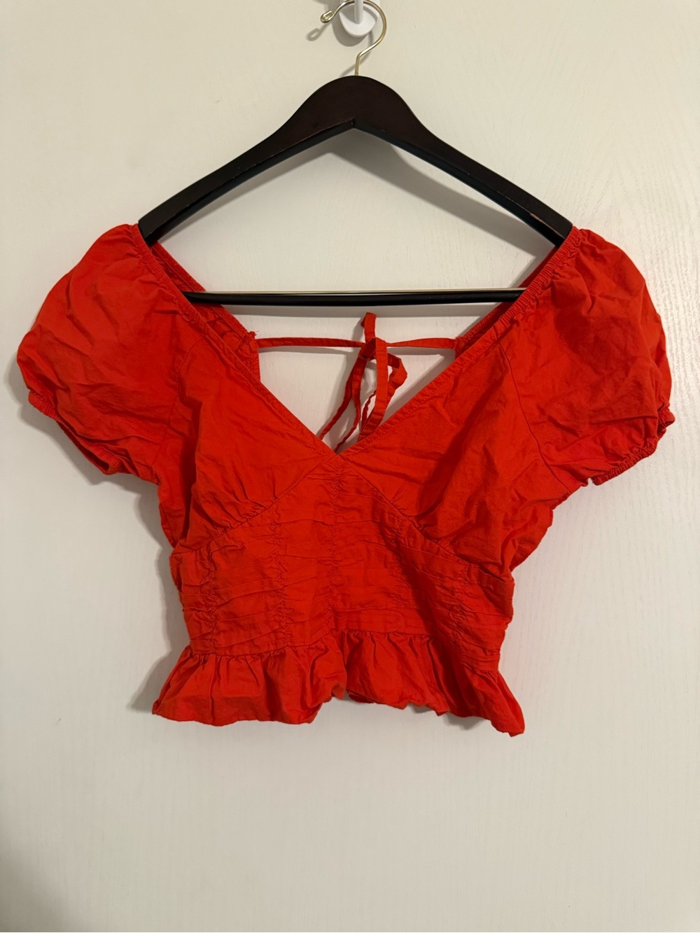 Sim & Sam Red Puff Sleeve Tie-Back Crop Top Size Medium Made in India